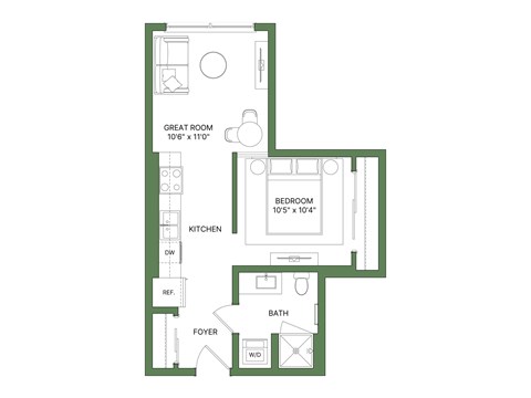 Floor plan for 1 bed, 1 bath, 519 sqft